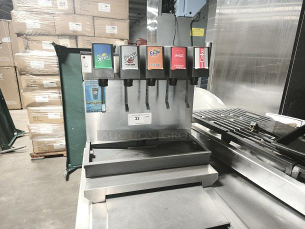 Lancer 41225 Drop-In Ice Cooled Soft Drink Dispenser, 5 valves, 115V; brands include Sprite, Barq's, Fanta, Coca-Cola.