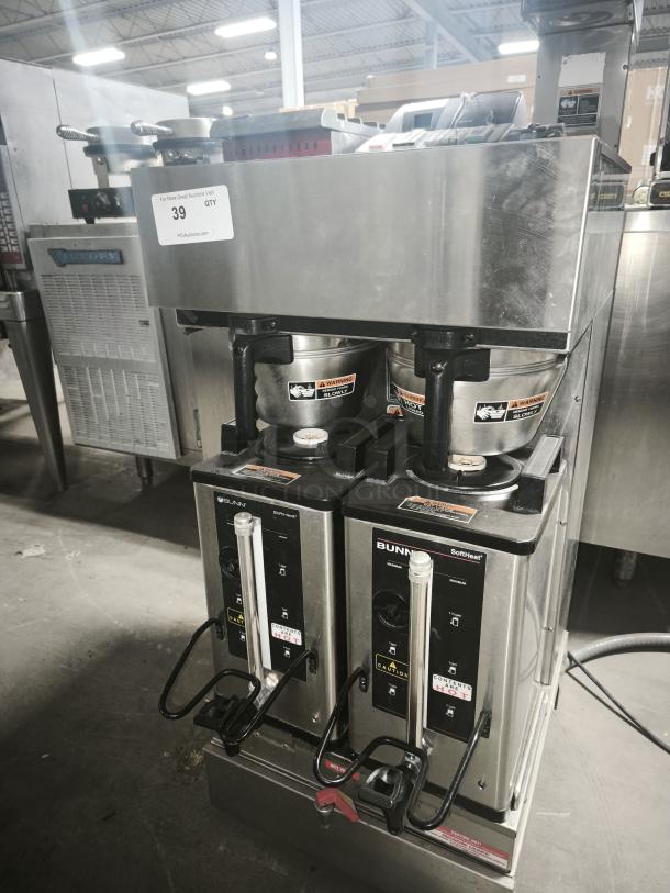 BUNN Soft Heat SH DBC Dual Coffee Brewer System, stainless steel, dual brew stations, used, warning and control labels visible.