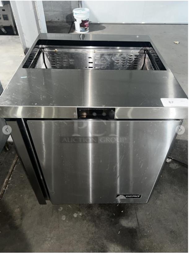 BERG BERS27 sandwich prep table, stainless steel, 8-pan capacity, single-door design, durable, ideal for kitchen efficiency.