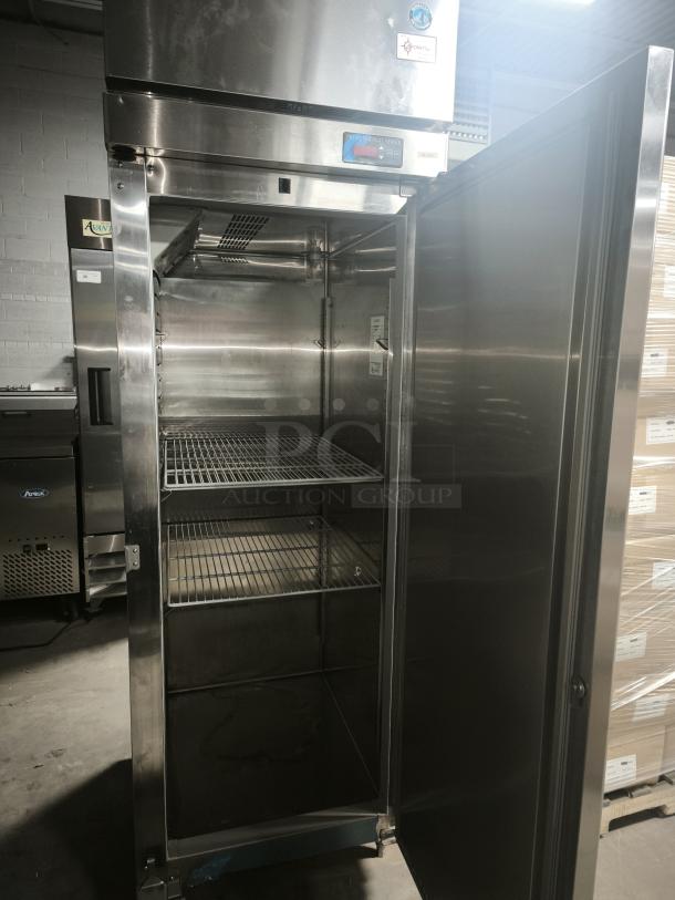 Hoshizaki FH1-SSB upright freezer, like new, stainless steel, single-section with full door, visible interior shelving.