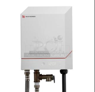 Heatworks Model 3 electric tankless water heater, model HW-0007, new condition, white casing, digital temperature display.