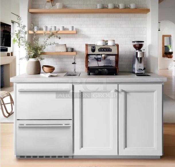 HCK D150-D dual zone undercounter fridge, 5.12 cu.ft, new condition, white finish, modern kitchen setup.