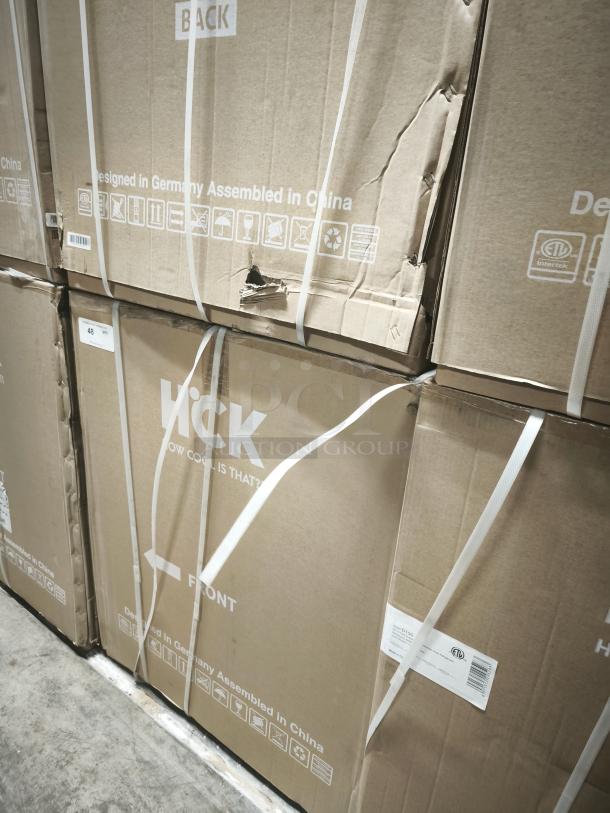 HCK D150-D 5.12 cu.ft undercounter dual zone fridge in original packaging. Box shows minor wear. Designed in Germany, assembled in China.