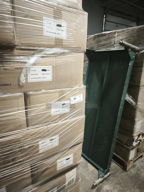 Bulk cartons of GK black 3-ply face masks with antimicrobial finish, labeled 600 pieces per carton.