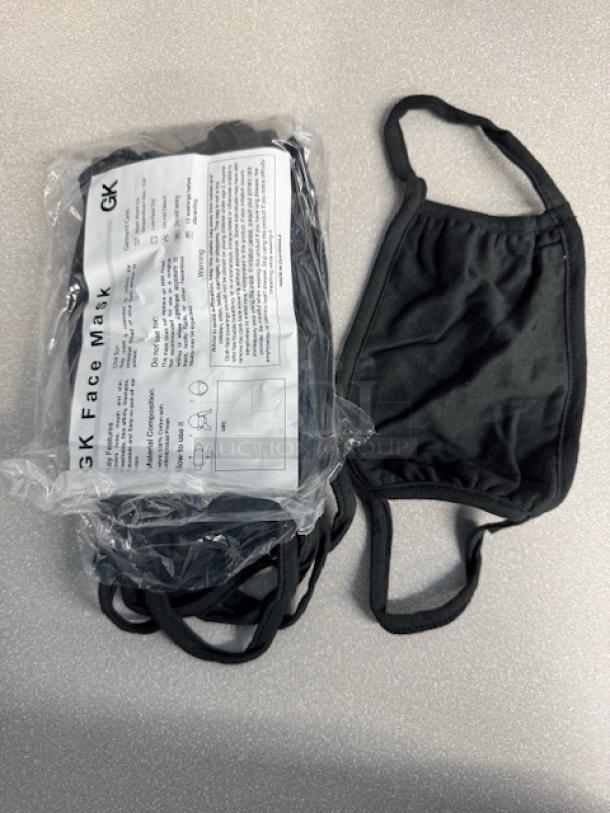 Black GK 3-ply face mask with antimicrobial finish, pack of 10, 600 masks total, labeled with care instructions.