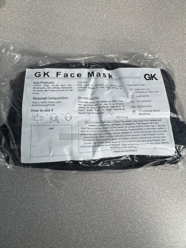 Black GK 3-ply face mask pack with antimicrobial finish. Each pack contains 10 masks; box holds 600 masks. Made in Guatemala.