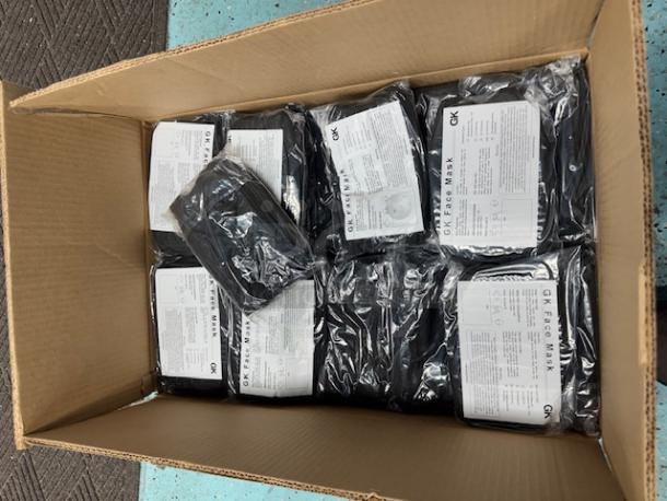 BRAND NEW! Box of GK 3-ply black face masks with antimicrobial finish, 600 masks total, packed in sets of 10.