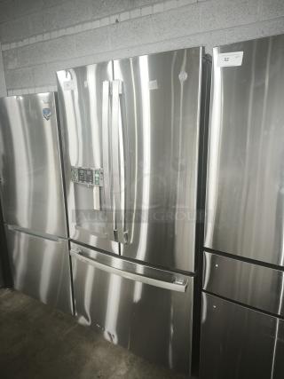 GE 27.7 Cu. Ft. French-Door Refrigerator, model GFE28GYNFS, fingerprint-resistant stainless steel, used condition.