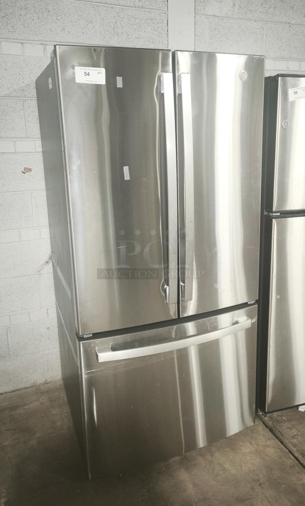 GE 27.7 Cu. Ft. stainless steel French-door refrigerator, fingerprint-resistant, used, in working condition.