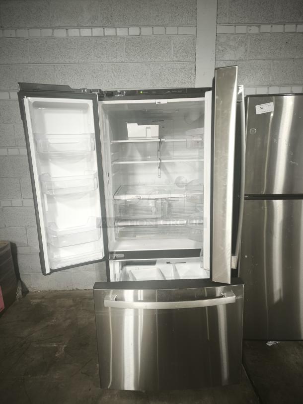 GE 27.7 Cu. Ft. French-Door Refrigerator, stainless steel, fingerprint-resistant, used, working condition, open doors.