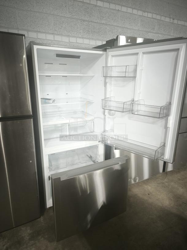 LIKE NEW Midea MRB19B7AST 18.7 cu. ft. bottom-mount freezer refrigerator, stainless steel, pristine interior, and exterior.