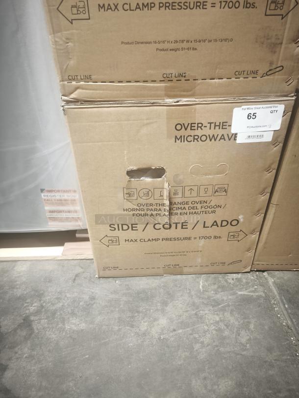 Brand new GE 1.6 Cu. Ft. Over-the-Range Microwave Oven in box. Model JVM3160RFSS. Dimensions: 16-5/16" H x 29-7/8" W.