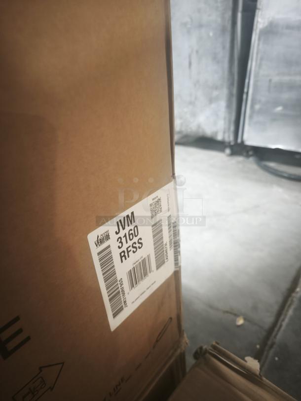 Boxed GE 1.6 Cu. Ft. Over-the-Range Microwave Oven, model JVM3160RFSS. Brand new, with barcode and label visible.