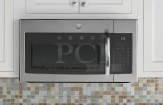 Brand new GE 1.6 cu. ft. over-the-range microwave oven, model JVM3160RFSS, stainless steel finish, sleek design.