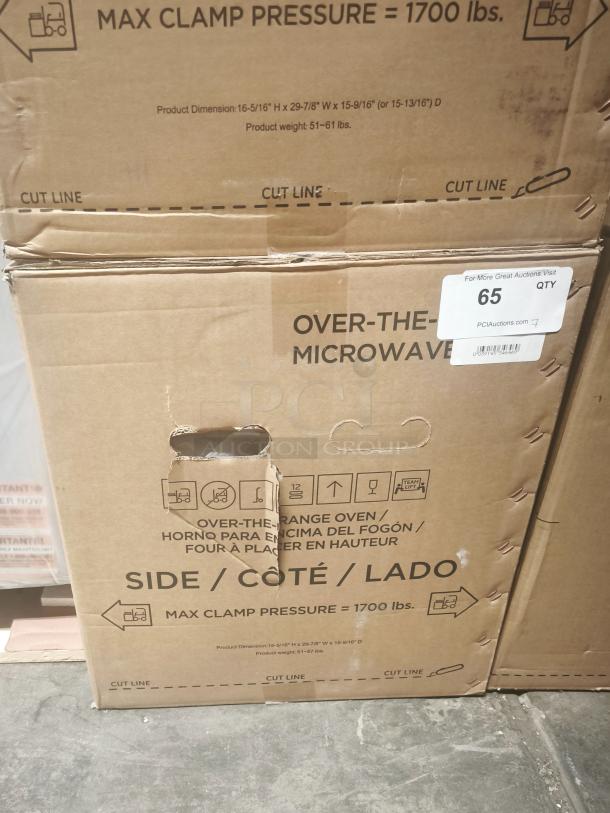 GE 1.6 Cu. Ft. Over-the-Range Microwave Oven in box, model JVM3160RFSS, new condition, product dimensions noted.