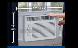 Window AC unit installed, adjustable from 23" to 36" width. Includes controls for fan speed and temperature. Min height 13".