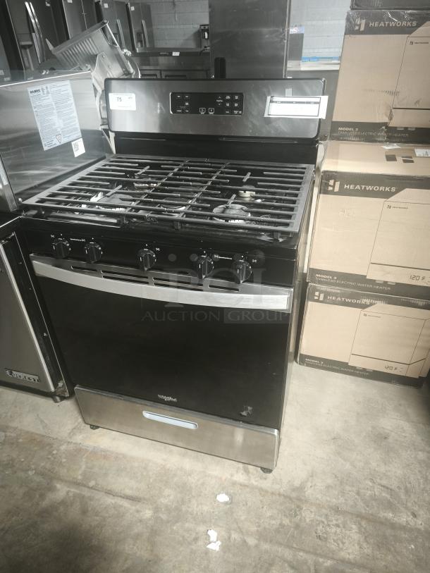 Whirlpool 30-in 5-burner freestanding gas range, model WFG505M0MS, edge-to-edge cooktop, tested and working condition.