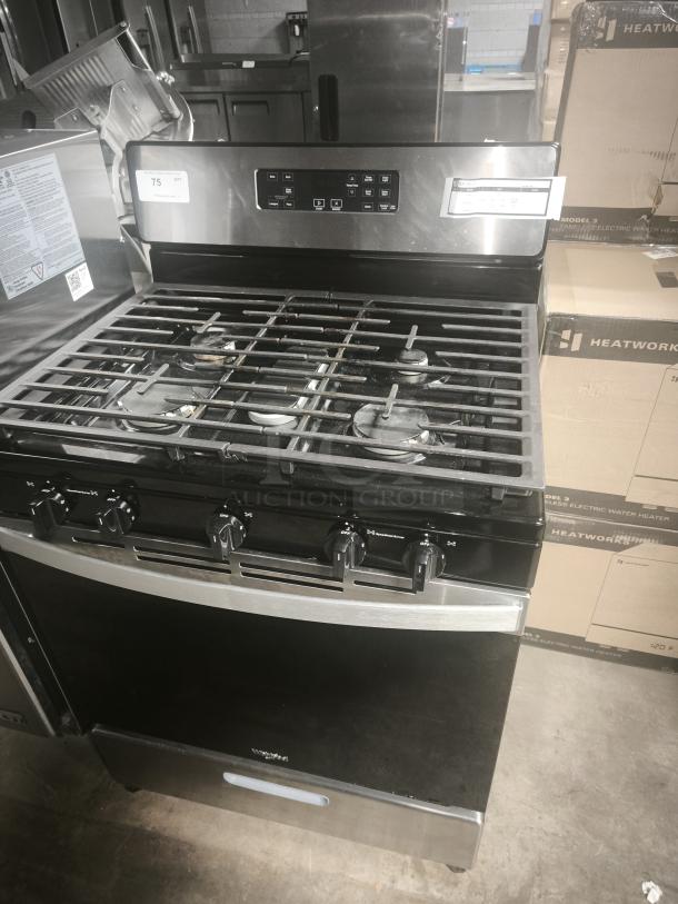 Whirlpool 30-in 5-burner freestanding gas range WFG505M0MS0, edge-to-edge cooktop, black and stainless, tested and working.