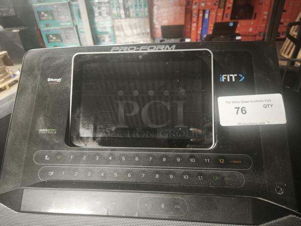 ProForm Trainer 12.0 Treadmill console, model pftl99721.0, features Bluetooth, QuickSpeed controls, and iFit branding. Label reads "76 QTY."