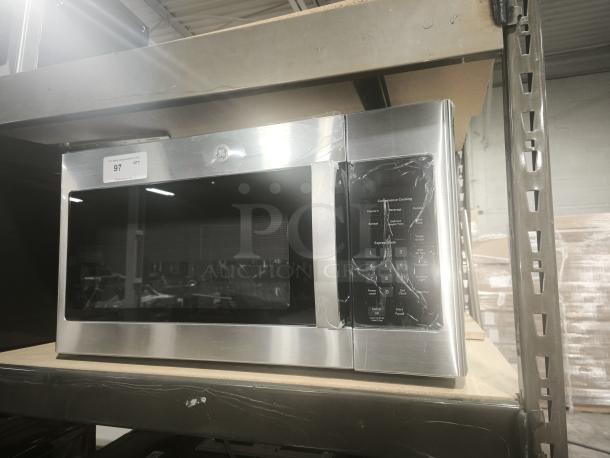 Brand new GE 1.6 cu. ft. over-the-range microwave, model JVM3160RF9SS, in stainless steel. Features keypad, digital display.