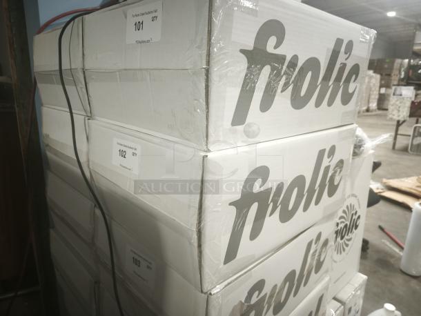 Brand new Frolic Ice Cream Maker boxes stacked, featuring the Frolic logo. Model: Frolic Machine.