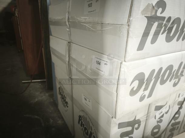 Brand new Frolic Ice Cream Maker in unopened box, Model: Frolic Machine. Boxes labeled with "Frolic" logo and auction tags.