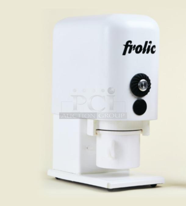 Brand new Frolic Ice Cream Maker, model Frolic Machine, white, with logo and control knob on front.