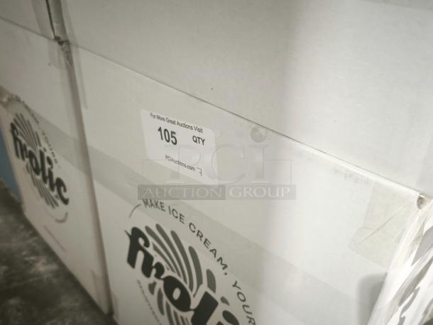Brand new Frolic Ice Cream Maker, Model: Frolic Machine, sealed box with branding. Auction label reads "105 QTY".