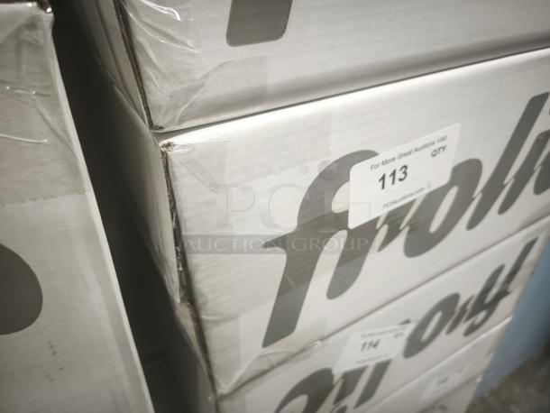 Brand new Frolic Ice Cream Maker in sealed box. Model: Frolic Machine. Boxes labeled with auction details.