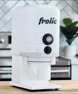Brand new Frolic Ice Cream Maker, model Frolic Machine. Pristine white finish, sleek design, countertop appliance.