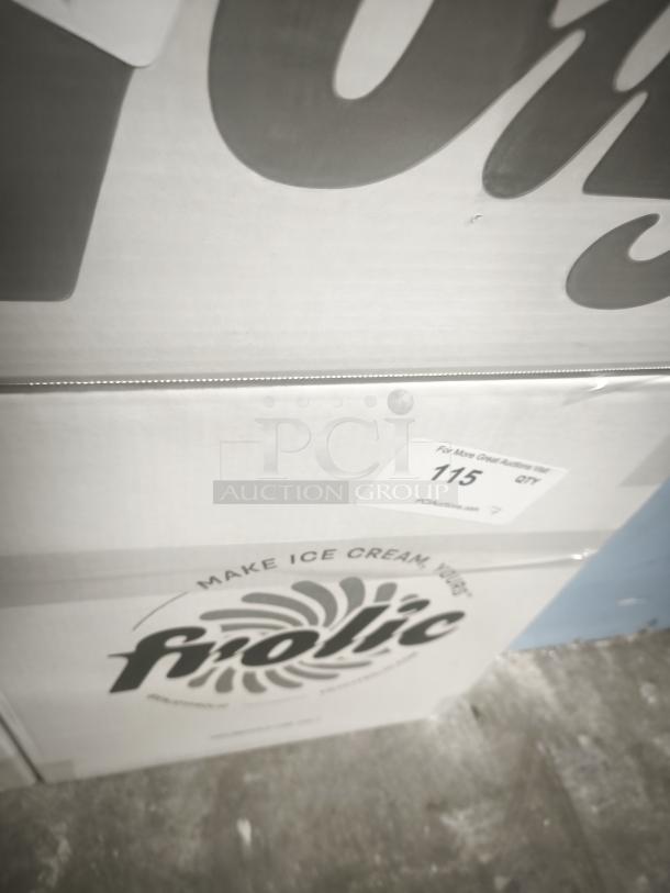 Brand new Frolic Ice Cream Maker, model Frolic Machine, in original packaging. Box features branding and auction label.