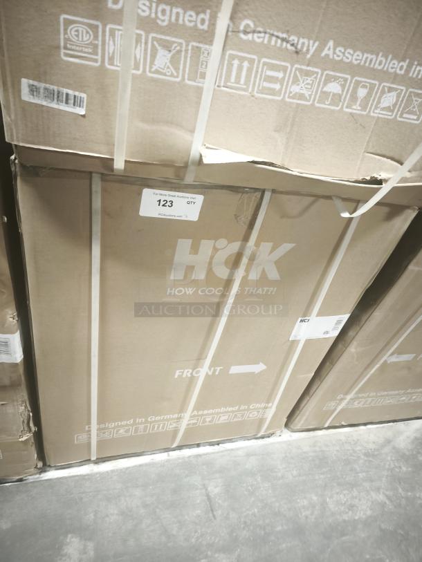 HCK 5.12 cu.ft Undercounter Dual Zone Fridge, new in box, model D150-D. Packaging shows "Designed in Germany" and barcode.