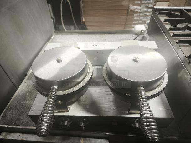 BRAND NEW SUNBOS JPX-DXG-2 ice cream cone baking machine with dual metal plates and coiled handles, perfect condition.