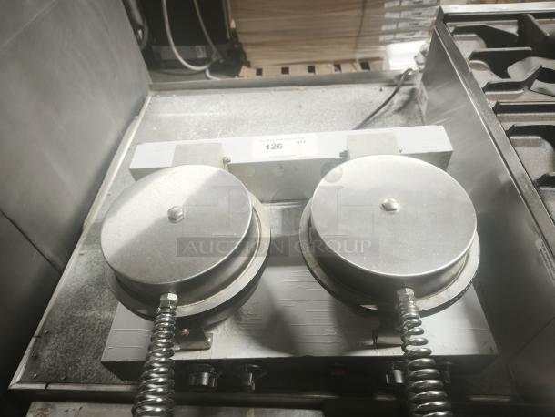 Brand new SUNBOS JPX-DXG-2 ice cream cone baking machine; dual round plates; stainless steel; commercial kitchen use.