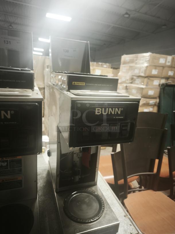 BUNN ST-35 Coffee Maker with LCD, 2 upper/1 lower warmer, 120V, tested and working, caution labels visible.