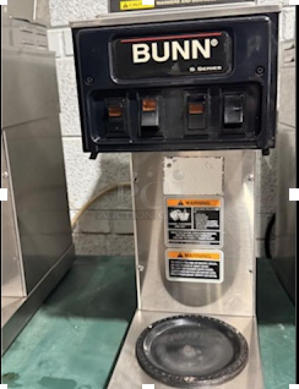 BUNN ST-35 coffee maker with LCD, featuring 2 upper/1 lower warmer, tested working, visible warning labels.