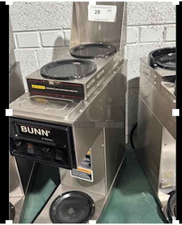 BUNN ST-35 coffee brewer with LCD, two upper and one lower warmer. Tested, working. 120V. Stainless steel finish.