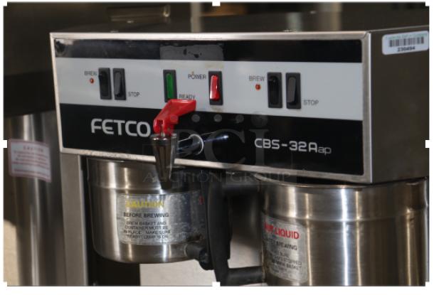 Fetco CBS-32Aap dual coffee brewer, stainless steel, 120/208-240V, tested and working, labeled controls, good condition.