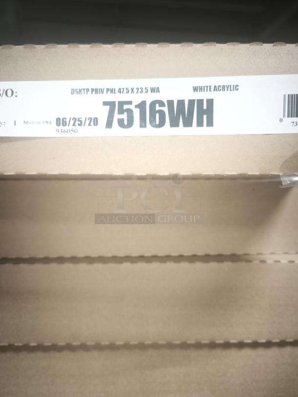 Brand new Safco 7516WH Wellness Panel, 47.5x2.5x23.5 inches, white acrylic, labeled with model and dimensions.