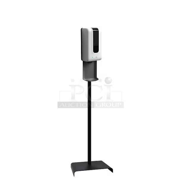 Brand new universal automatic floor stand hand soap/sanitizer dispenser, black stand, white dispenser, sleek design.