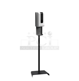 Brand new universal automatic floor stand hand soap/sanitizer dispenser, black stand, white dispenser, sleek design.