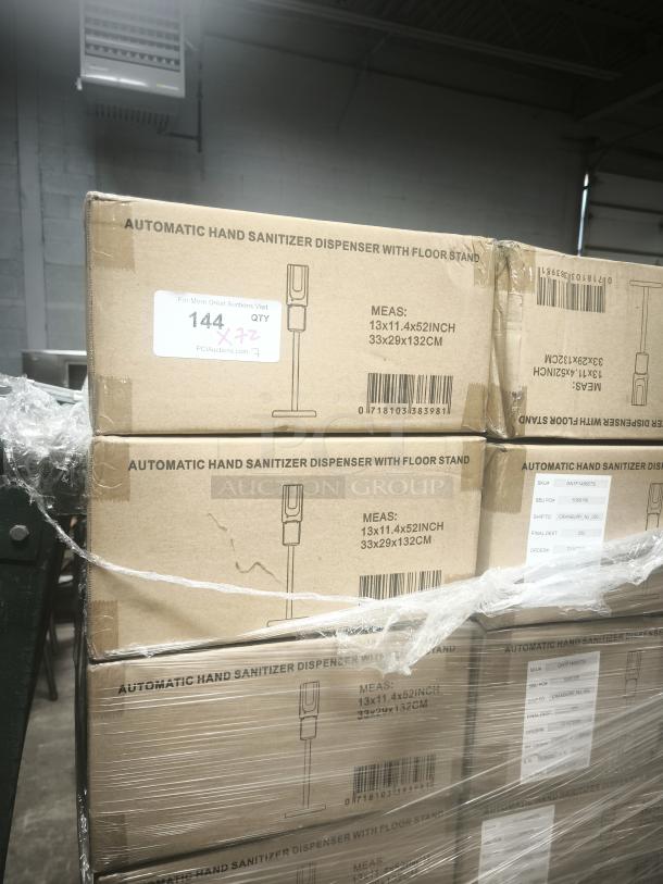 New Universal Automatic Floor Stand Hand Soap/Sanitizer Dispensers in boxes; labeled dimensions 13x11.4x52 inches.