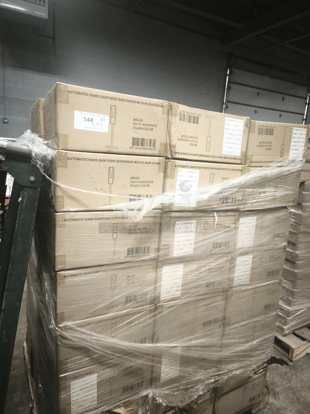 Brand new automated hand sanitizer dispensers with floor stands, boxed, labeled with measurements 33x29x132 cm, pallet wrapped.
