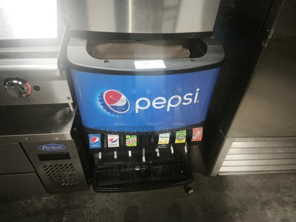 Lancer heavy-duty Pepsi 6-flavor soda fountain dispenser with ice bin, features clear brand logos, and flavors.