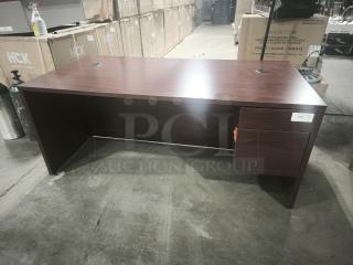 10500 Series Left Return Pedestal Desk, wood finish, built-in cable grommets, condition appears used, label number 151.