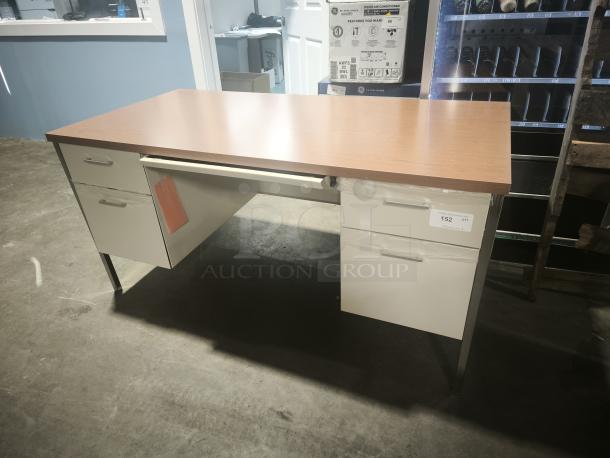 Alera 25953 60"x30"x29.5" steel desk, cherry top, putty legs, double pedestal, in good condition, visible drawer labels.