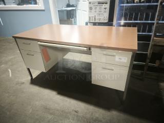 Alera 25953 60"x30"x29.5" steel desk, cherry top, putty legs, double pedestal, in good condition, visible drawer labels.