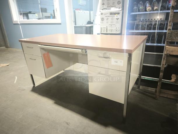 Alera 25953 double pedestal desk, 60x30x29.5 in., cherry top, putty body and legs, modern design, minor wear visible.