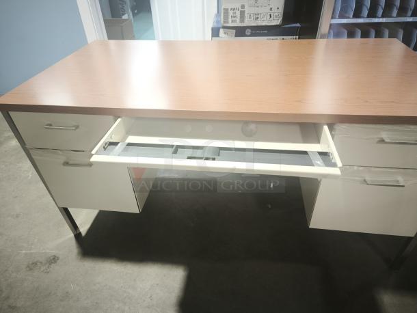 Alera double pedestal steel desk, 60x30x29.5 in., cherry top, putty legs, open center drawer, excellent condition.