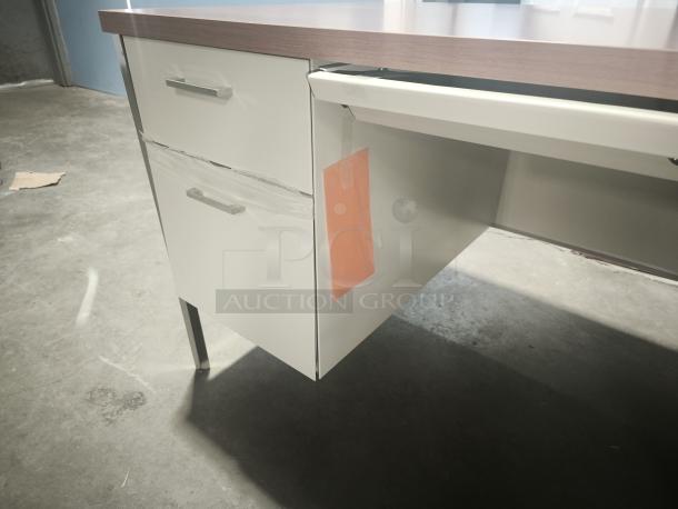 Alera 25953 60x30x29.5 in. double pedestal steel desk, cherry top, putty legs, visible drawer handles, good condition.